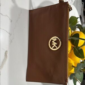 Michael Kors Brown Leather Wristlet with Gold Logo